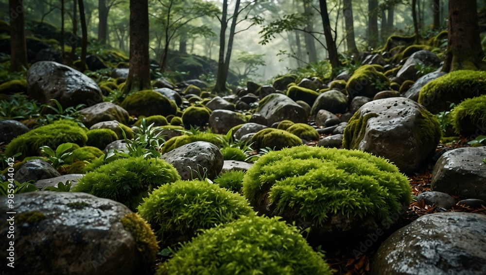 Dramatic composition of moss-covered boulders and lush foliage on white. Dramatic composition of moss-covered boulders and lush foliage on white.