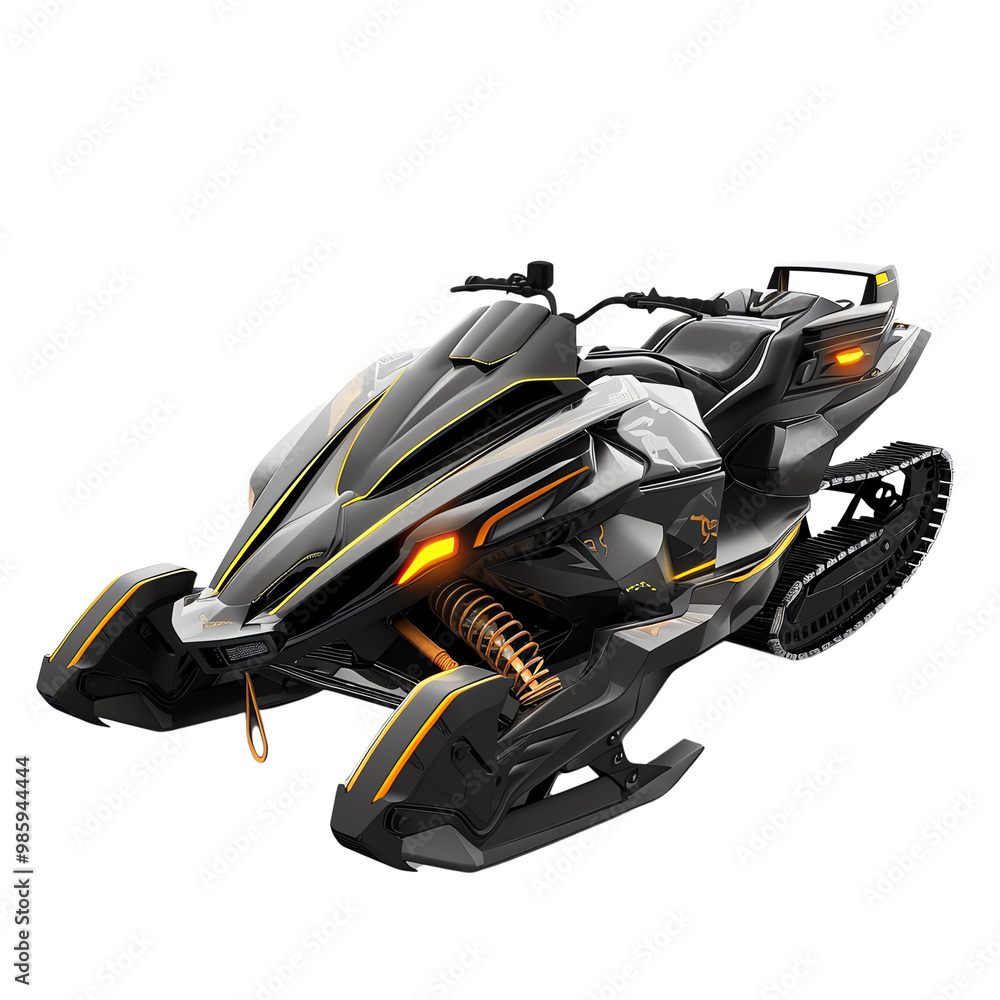 Futuristic high-tech snowmobile with sleek design and vibrant orange details, perfect for winter sports and adrenaline enthusiasts. Futuristic high-tech snowmobile with sleek design and vibrant orange details, perfect for winter sports and adrenaline enthusiasts.