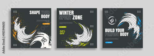 posts on social media vector illustration. Stylish graphics templates posts. dynamic abstractions typography photo. modern art paint and brush stains, fitness subjects gym. design frame post Template