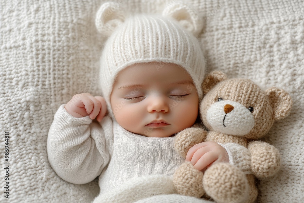 Sleeping Baby with Knitted Hat and Teddy Bear Sleeping Baby with Knitted Hat and Teddy Bear