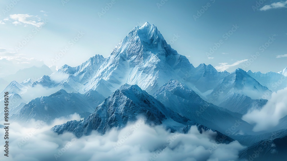 Majestic mountain range sharp peaks rising above misty valleys under a soft blue sky perfect for outdoor or adventurethemed backgrounds Majestic mountain range sharp peaks rising above misty valleys under a soft blue sky perfect for outdoor or adventurethemed backgrounds