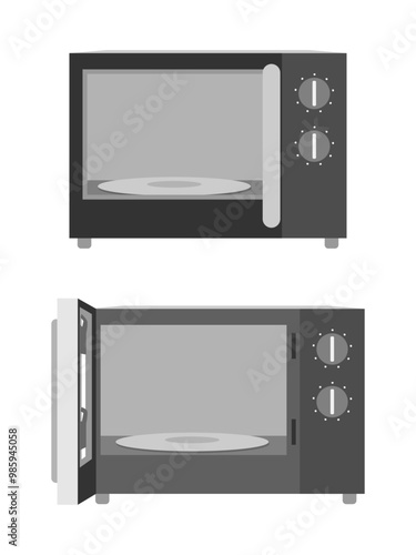 ダイヤル式の電子レンジでボウルを温めるイラスト　セット