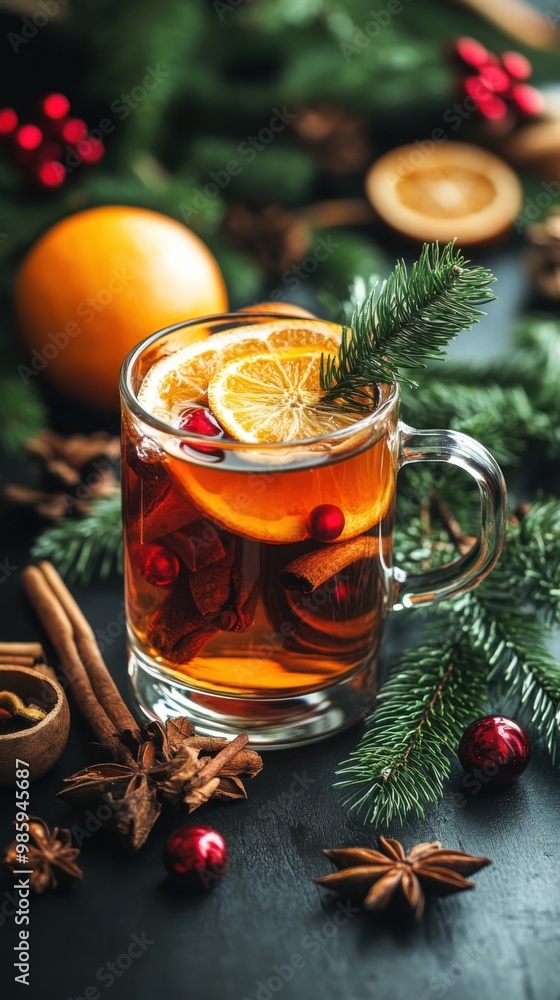 Mulled wine in glass on black wooden table Mulled wine in glass on black wooden table