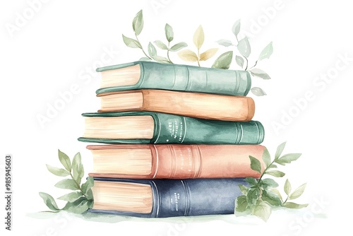 Vintage books stacks and open books. Watercolor hand painted school concept illustration. Book lover design. Education themed clipart.