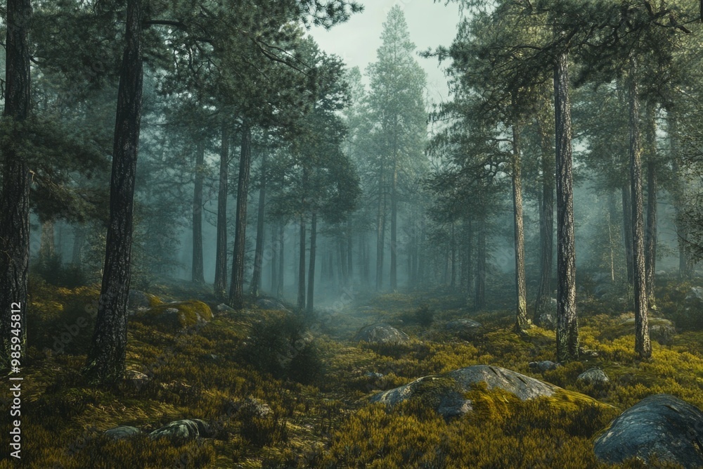 Misty Forest Path Through Tall Pine Trees Misty Forest Path Through Tall Pine Trees