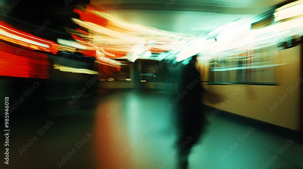 Blurry Abstract of a Person Walking Through a Building with Neon Lights Blurry Abstract of a Person Walking Through a Building with Neon Lights