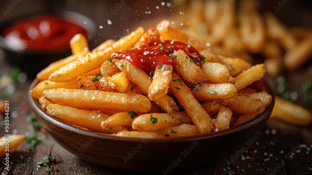 golden crispy french fries overflowing from retro dinerstyle bowl vibrant red ketchup splash dramatic lighting appetizing closeup on rustic wooden surface golden crispy french fries overflowing from retro dinerstyle bowl vibrant red ketchup splash dramatic lighting appetizing closeup on rustic wooden surface