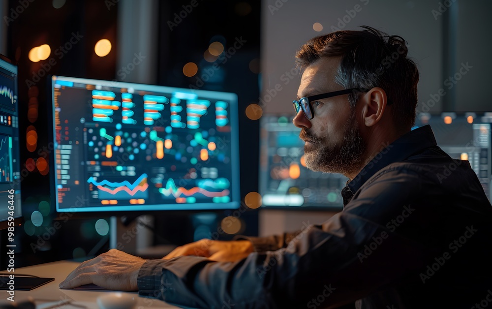 A focused man analyzes complex data on multiple screens in a modern office setting with a city backdrop at night.