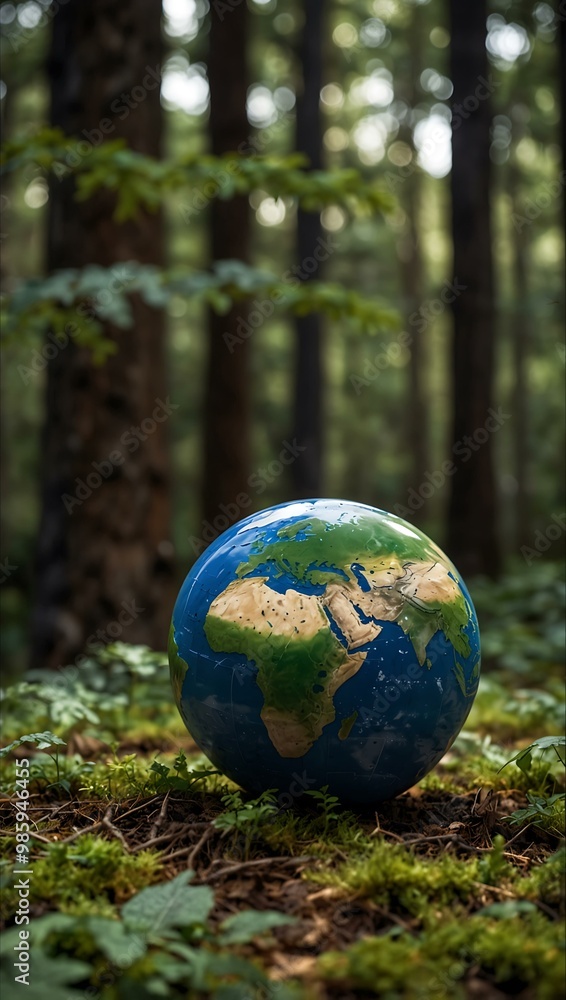 Earth model in a forest, highlighting sustainability. Earth model in a forest, highlighting sustainability.