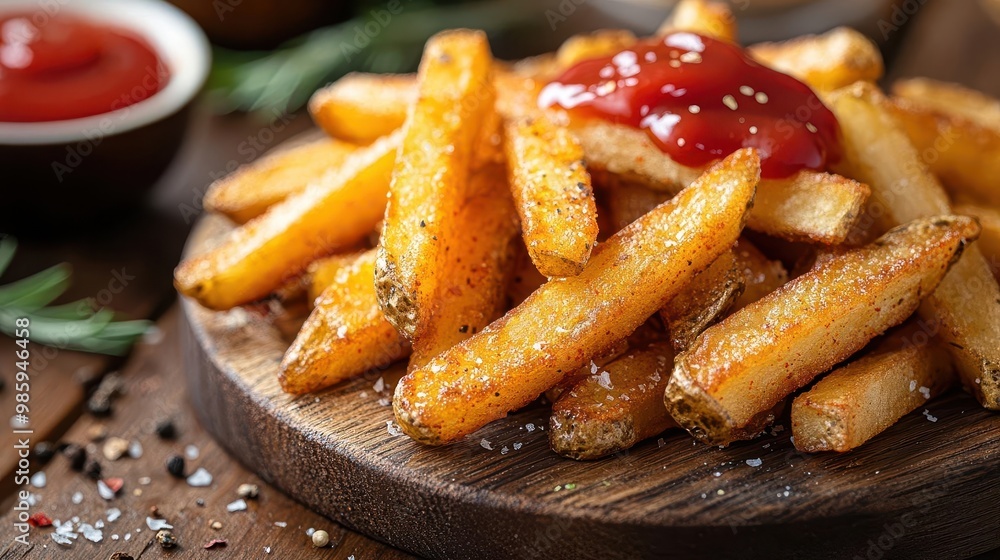 golden crispy french fries overflowing from retro dinerstyle bowl vibrant red ketchup splash dramatic lighting appetizing closeup on rustic wooden surface golden crispy french fries overflowing from retro dinerstyle bowl vibrant red ketchup splash dramatic lighting appetizing closeup on rustic wooden surface