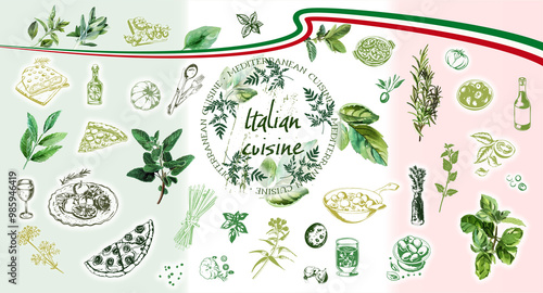 Gourmet Italian food set - Italy, vector design of typical foods of mediterranean cuisine. Herbs of italian cuisine with elements of food such as pizza, pasta, antipasti and vegetables.