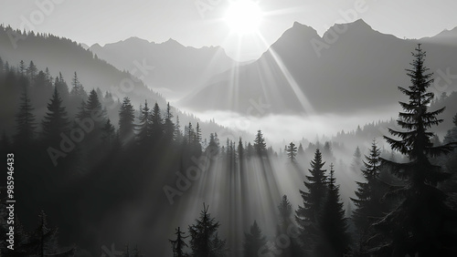 Foggy pine forest view in the morning black and white photo