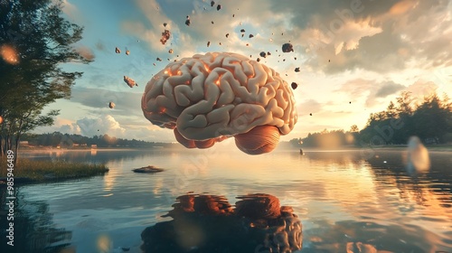 A captivating 3D portraying the human brain cloaked in a resplendent explosion of natural wonder set against the tranquil backdrop of a serene riverbank landscape photo