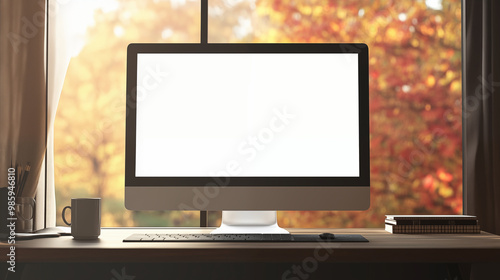 Fototapeta Naklejka Na Ścianę i Meble -  Computer Mockup screen and a cup on a table , the template features a computer blank white screen on day light in autumn . 