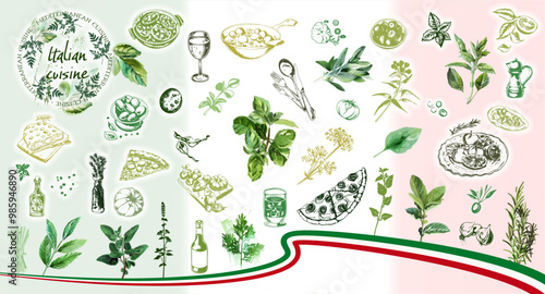 Gourmet Italian food set - Italy, vector design of typical foods of mediterranean cuisine. Herbs of italian cuisine with elements of food such as pizza, pasta, antipasti and vegetables.