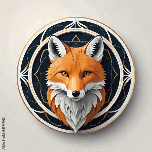 Stylized fox head illustration with vibrant colors and circular design on a light background