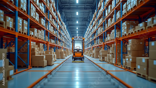 Portrait of the package delivery process in a goods warehouse assisted by robots photo