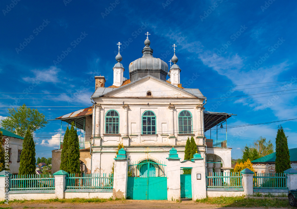 View of the Church of the Holy Trinity in the small Russian town of Lezhnevo