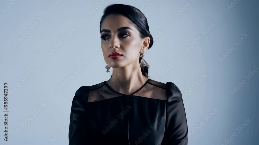 A confident woman with beautifully styled hair, striking makeup, and elegant earrings poses in a stylish black outfit in the studio. A confident woman with beautifully styled hair, striking makeup, and elegant earrings poses in a stylish black outfit in the studio.