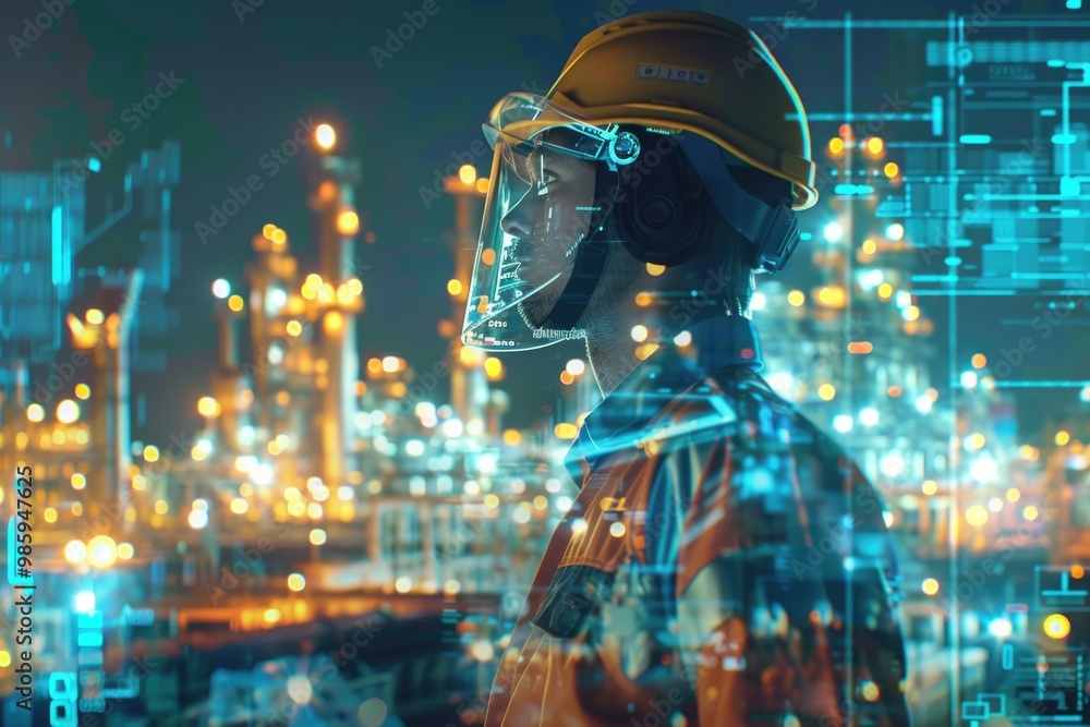 Engineer in safety gear surveys oil refinery at night. Engineer in safety gear surveys oil refinery at night.