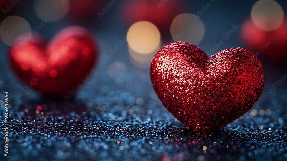 Two red glitter hearts on a sparkly blue background. Two red glitter hearts on a sparkly blue background.