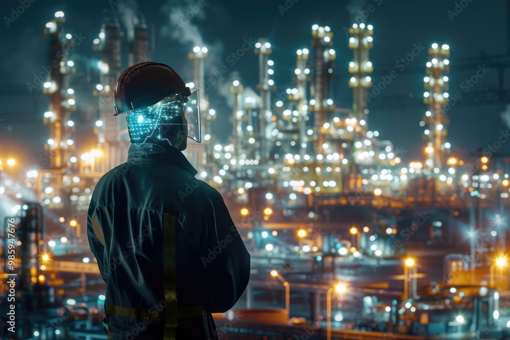 Engineer in safety gear surveys oil refinery at night. Engineer in safety gear surveys oil refinery at night.