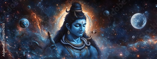 A captivating digital painting portraying the divine figure of Lord Shiva immersed in a cosmic setting surrounded by a mesmerizing display of swirling stars planets and celestial bodies