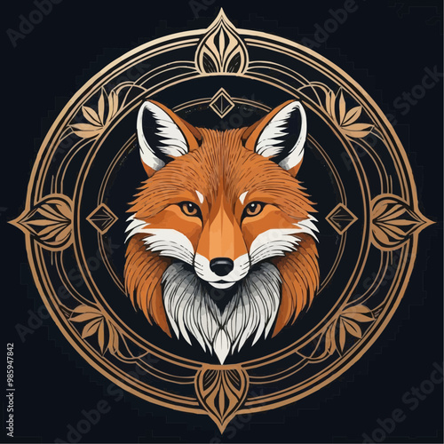 Stylized fox head illustration with intricate circular design on a dark background