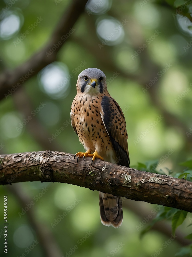 Elegant kestrel on a tree branch in lush greenery. Elegant kestrel on a tree branch in lush greenery.