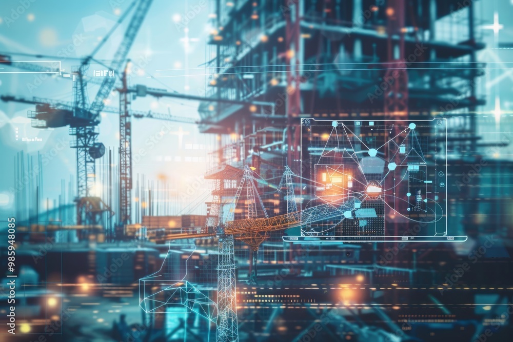 custom made wallpaper toronto digitalDouble exposure engineering with tablet laptop and construction cranes.