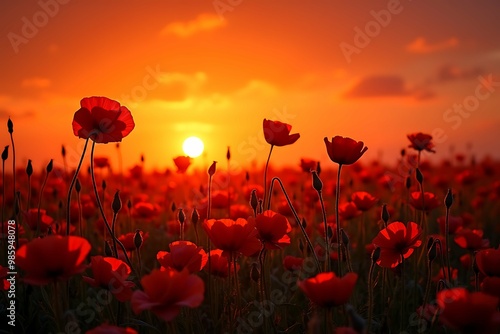 A poppy field in summer at sunset