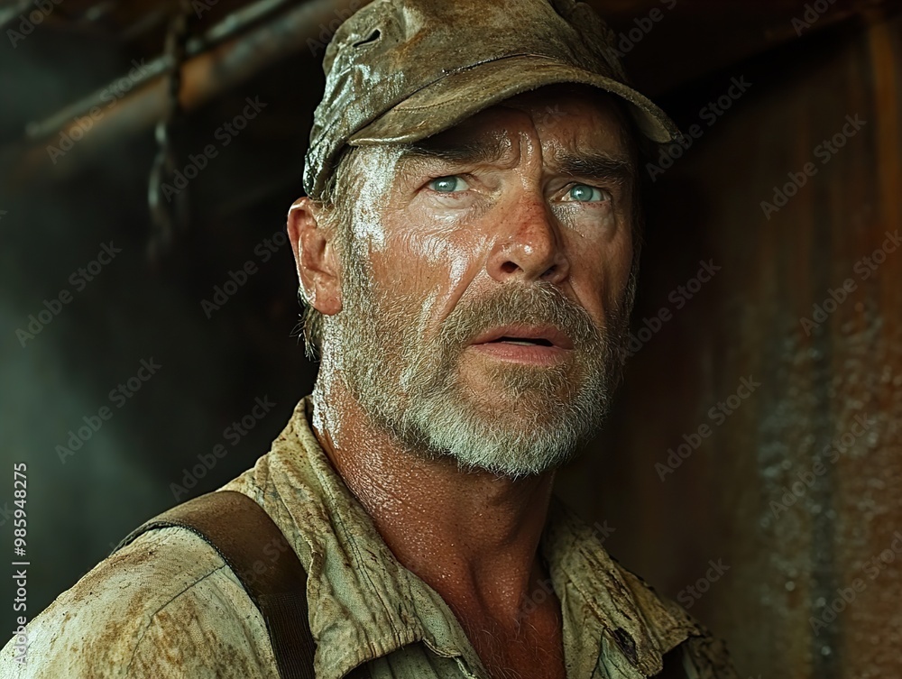 Close-Up Portrait of a Rugged Man with a Serious Expression Close-Up Portrait of a Rugged Man with a Serious Expression