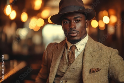 harlem renaissance portrait dapper african american man in 1920s attire smoky speakeasy ambiance golden jazz era lighting casts dramatic shadows vintage sepia tones evoke nostalgic allure