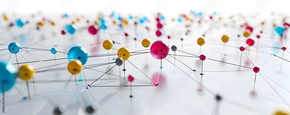 Naklejka premium Abstract representation of a connecting network of colorful nodes and links, symbolizing data, communication, and technology.