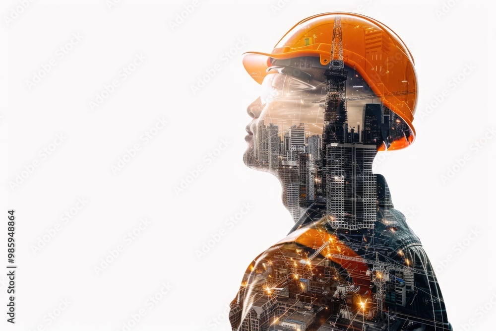 Double exposure of engineer with helmet against a city isolated on white background Double exposure of engineer with helmet against a city isolated on white background