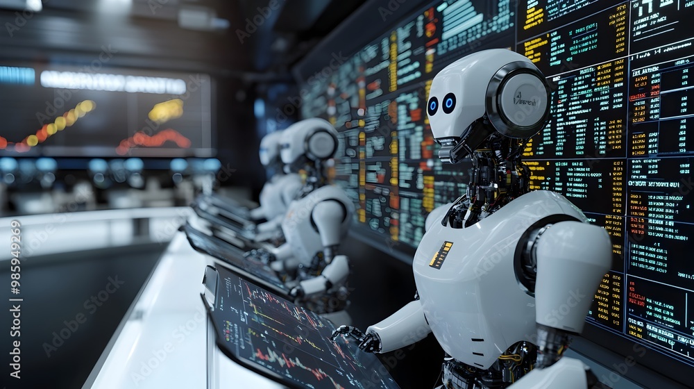 A futuristic holographic trading floor where advanced robots analyze real time data leveraging cutting edge technology for financial market insights and automation A futuristic holographic trading floor where advanced robots analyze real time data leveraging cutting edge technology for financial market insights and automation