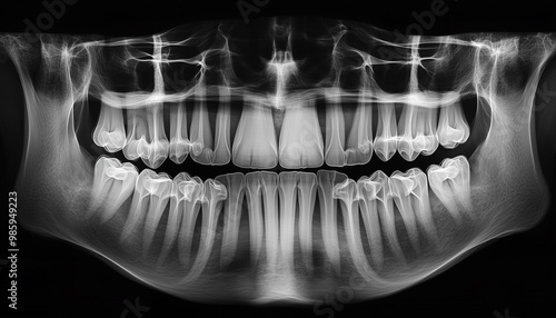 A full panoramic image showing all teeth of the upper and lower jaws. The teeth are shown in a detailed X-ray image