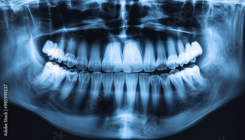 A full panoramic image showing all teeth of the upper and lower jaws. The teeth are shown in a detailed X-ray image