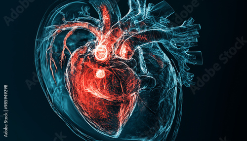 An MRI image of the heart, focusing on the coronary arteries, the heart and its chambers. The image shows blood flow, movement of the heart muscle