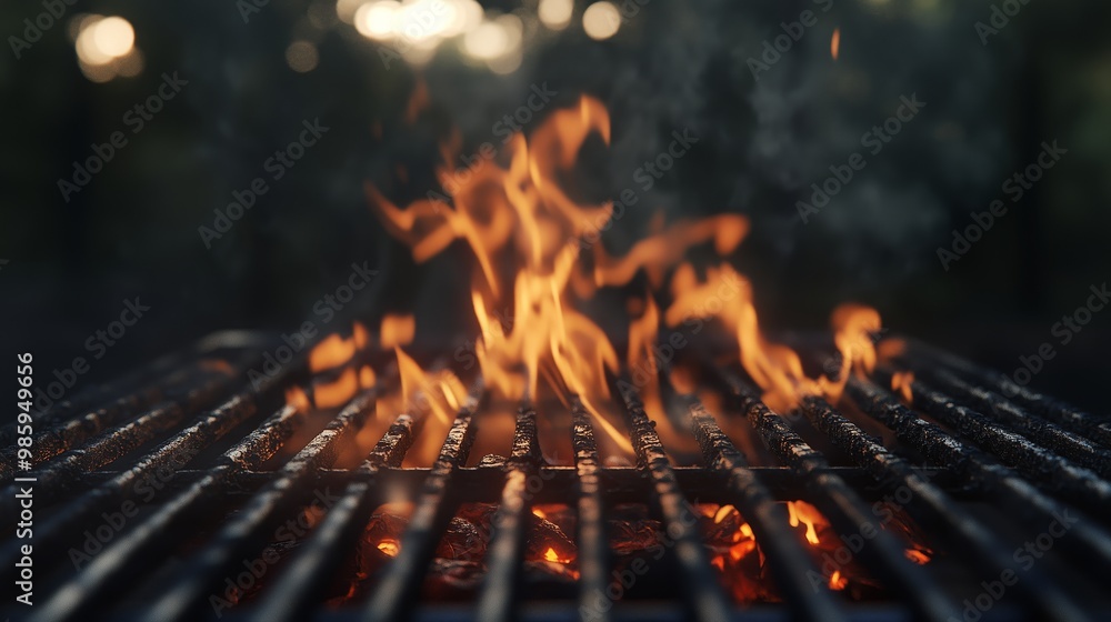 Close-up of fire on the grill, flames burning in front of an empty barbecue rack. Close-up of fire on the grill, flames burning in front of an empty barbecue rack.