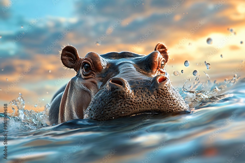 Fototapeta premium A majestic hippo emerges from the water at sunset, showcasing its powerful presence against a stunning sky backdrop.