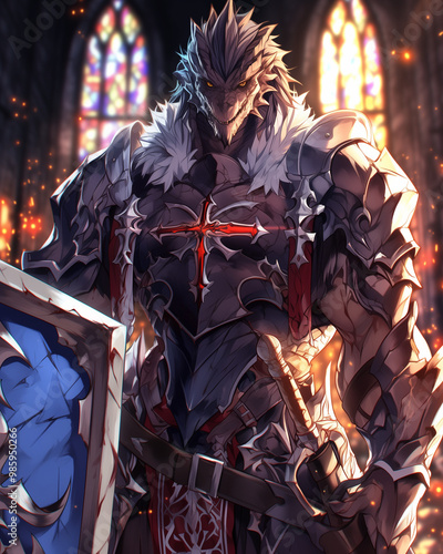 fierce male dragonborn paladin in dark spiked armor holding a shield with a cross inside a cathedral illuminated by stained glass