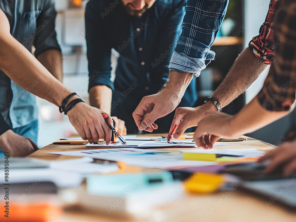 Obraz premium A team of professionals collaborating on a project at a table.
