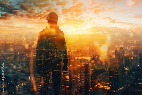 Wallpaper Mural Engineer in city at sunrise symbolizes progress and future. Torontodigital.ca