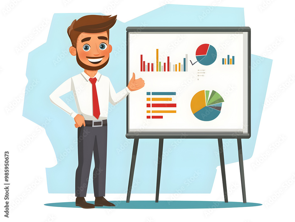 Businessman giving a presentation in front of a simple whiteboard.
Businessman giving a presentation in front of a simple whiteboard.