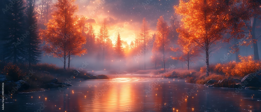 Magical autumn forest with a river and fog at sunset. Magical autumn forest with a river and fog at sunset.