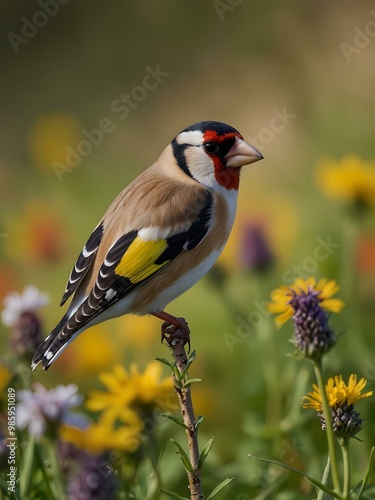 European goldfinch in a vibrant meadow.