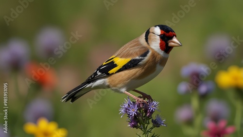 European goldfinch in a vibrant meadow.