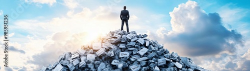 A silhouette of a man standing triumphantly on a pile of debris against a bright sky, symbolizing overcoming challenges and persistence. photo