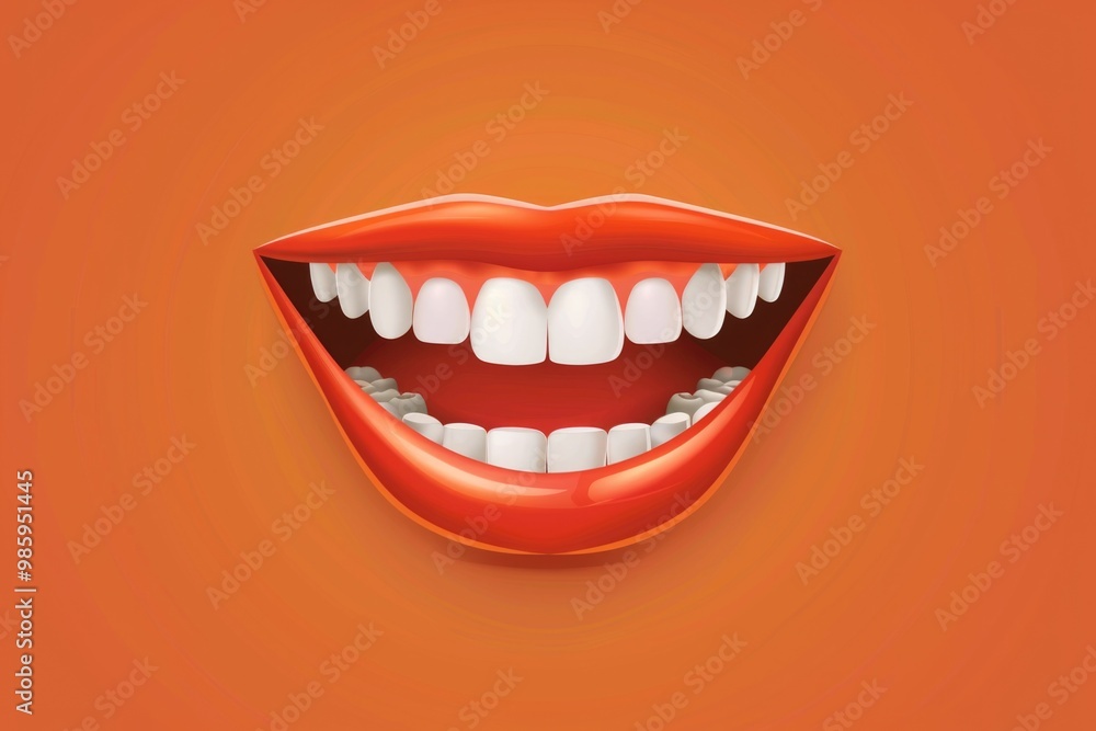 A smiling mouth with bright white teeth against a vibrant orange background A smiling mouth with bright white teeth against a vibrant orange background